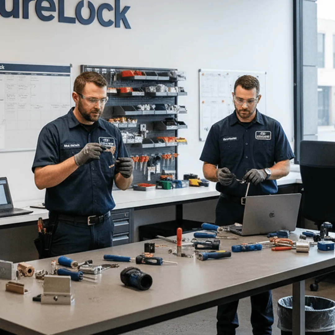 Two A Plus Locksmith technicians preparing locks at the workshop bench