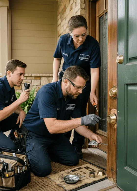 A Plus Locksmith team replacing the lock on a home's front door